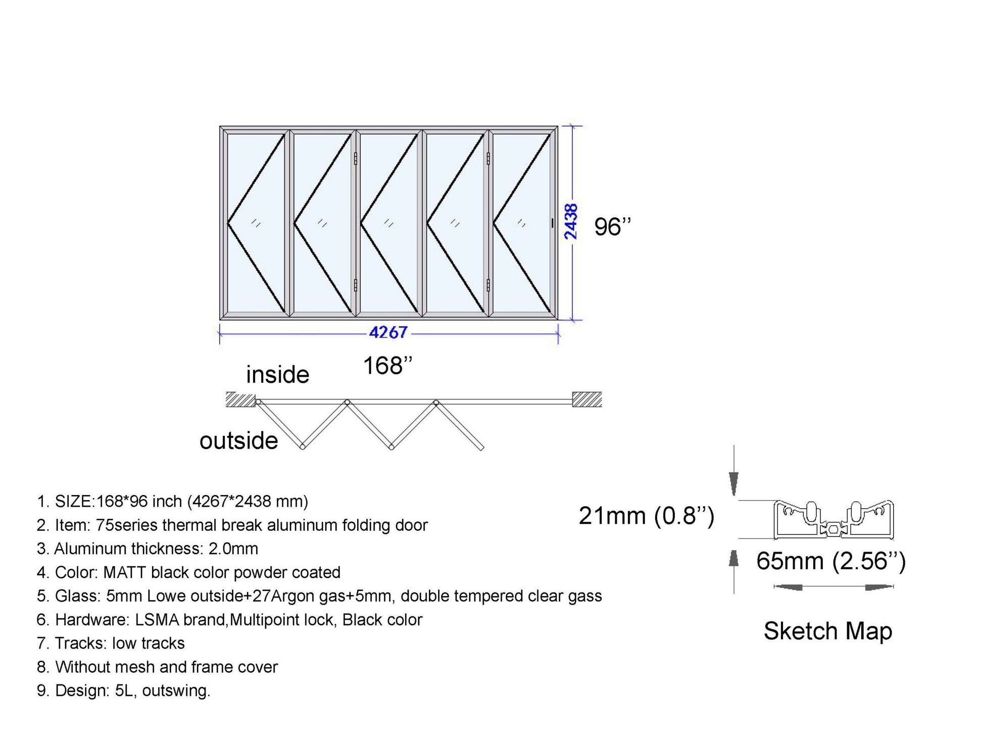 ALUMINUM BIFOLD DOOR 168"WX96"H - OUT SWING FROM EXTERIOR VIEW IMAGE 1