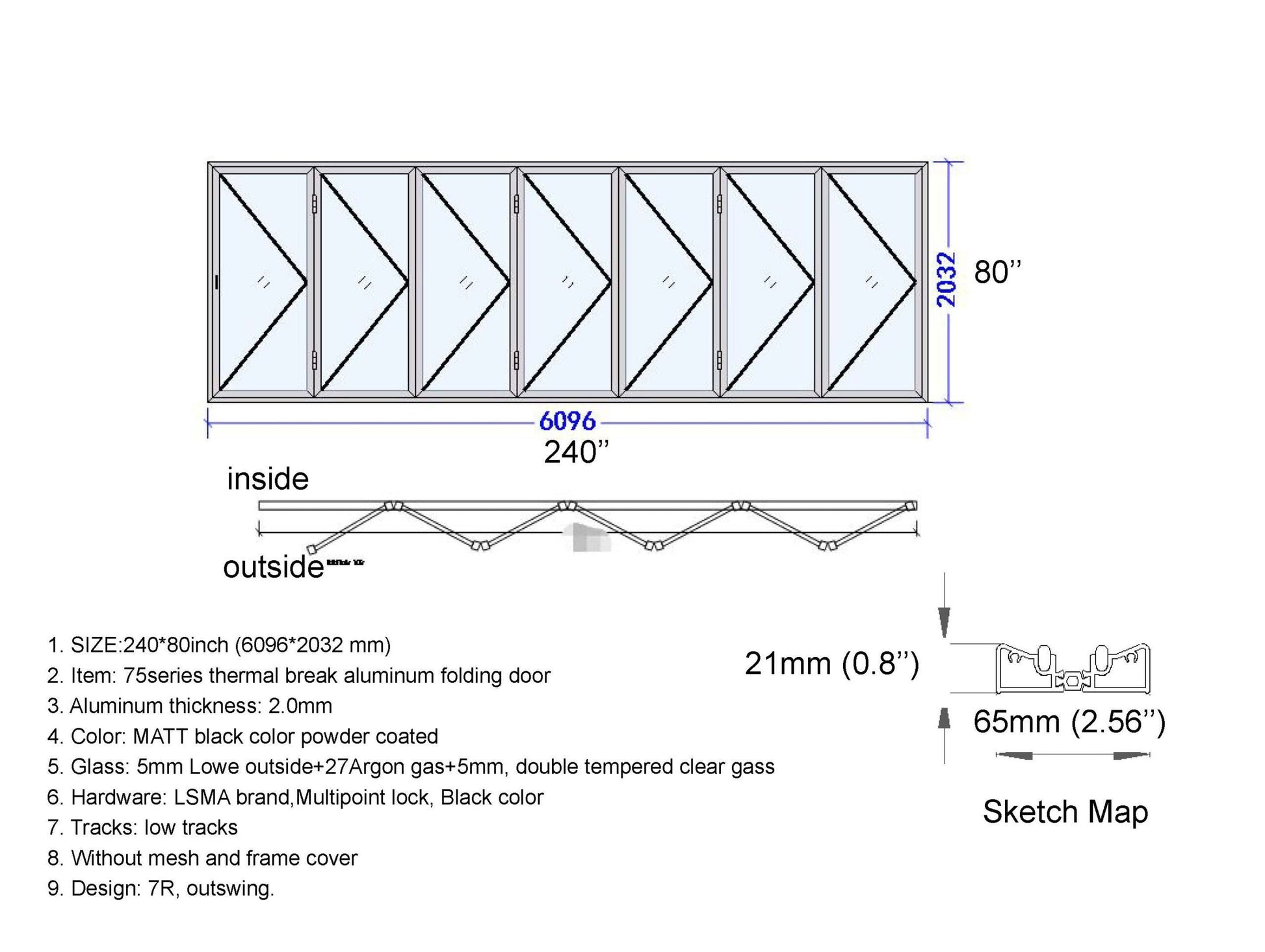 ALUMINUM BIFOLD DOOR 240"WX80"H - OUT SWING FROM EXTERIOR VIEW IMAGE