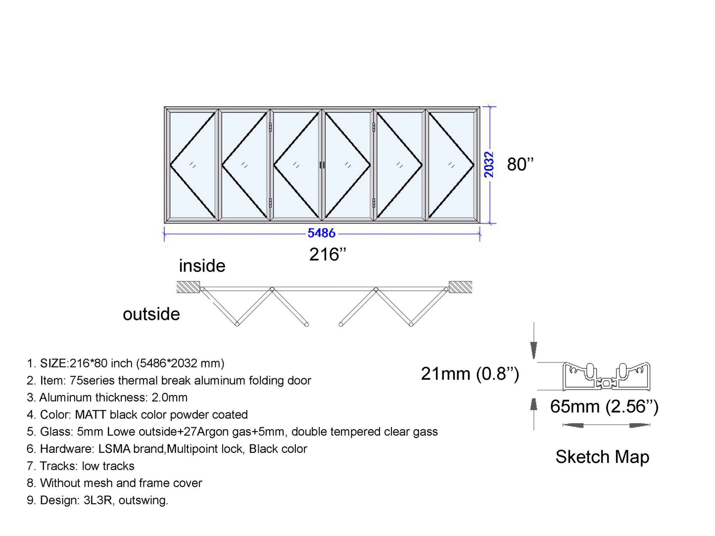 ALUMINUM BIFOLD DOOR 216"WX80"H - OUT SWING FROM EXTERIOR VIEW IMAGE