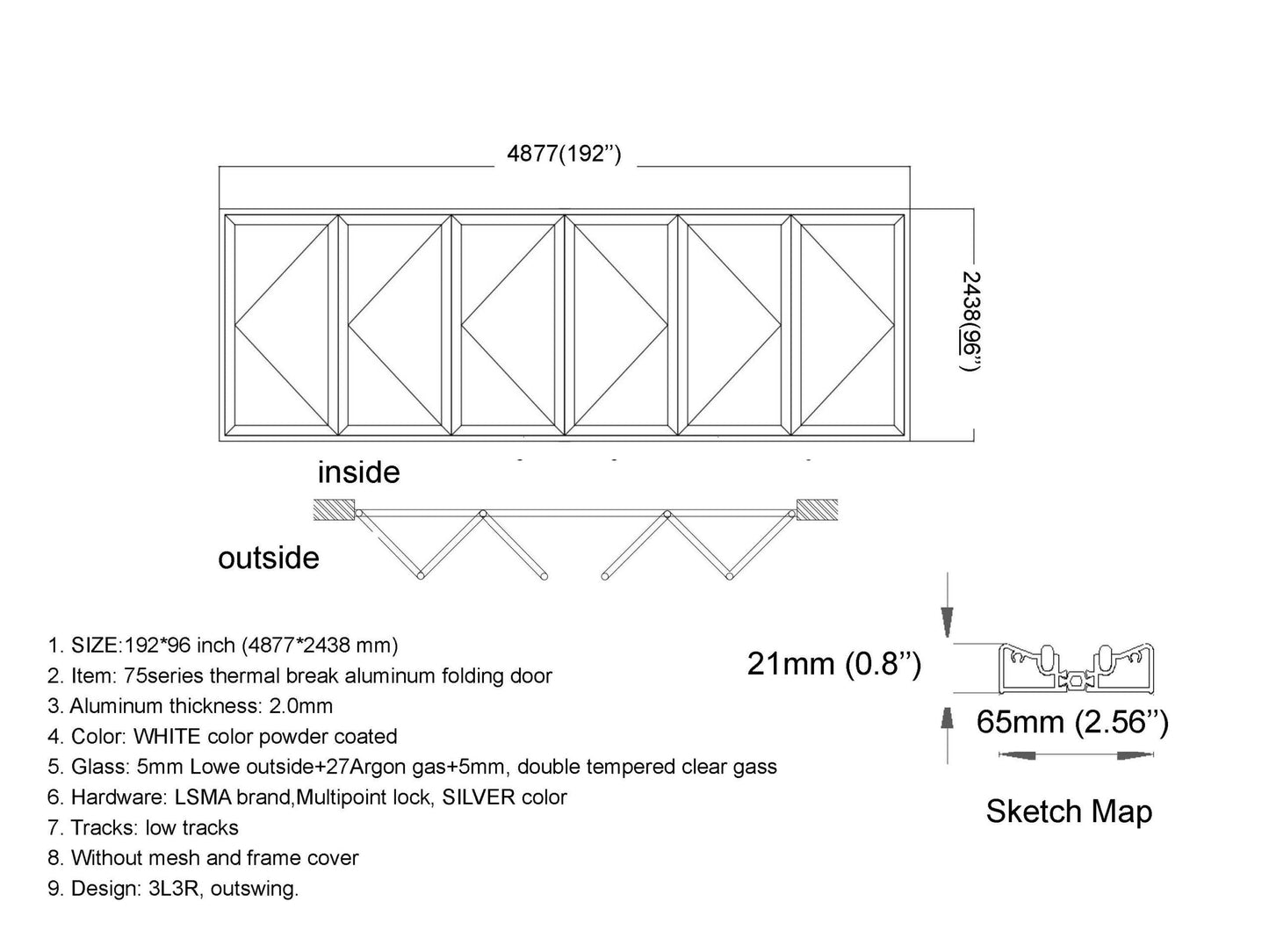 ALUMINUM BIFOLD DOOR 192"WX96"H - OUT SWING FROM EXTERIOR VIEW IMAGE
