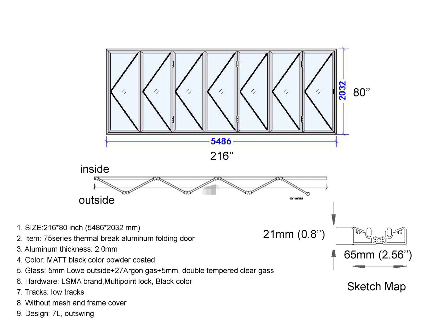 ALUMINUM BIFOLD DOOR 216"WX80"H - OUT SWING FROM EXTERIOR VIEW IMAGE