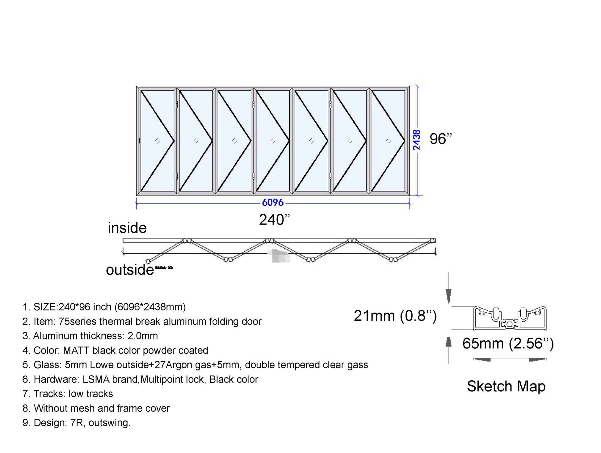 ALUMINUM BIFOLD DOOR 240"WX96"H - OUT SWING FROM EXTERIOR VIEW IMAGE 18