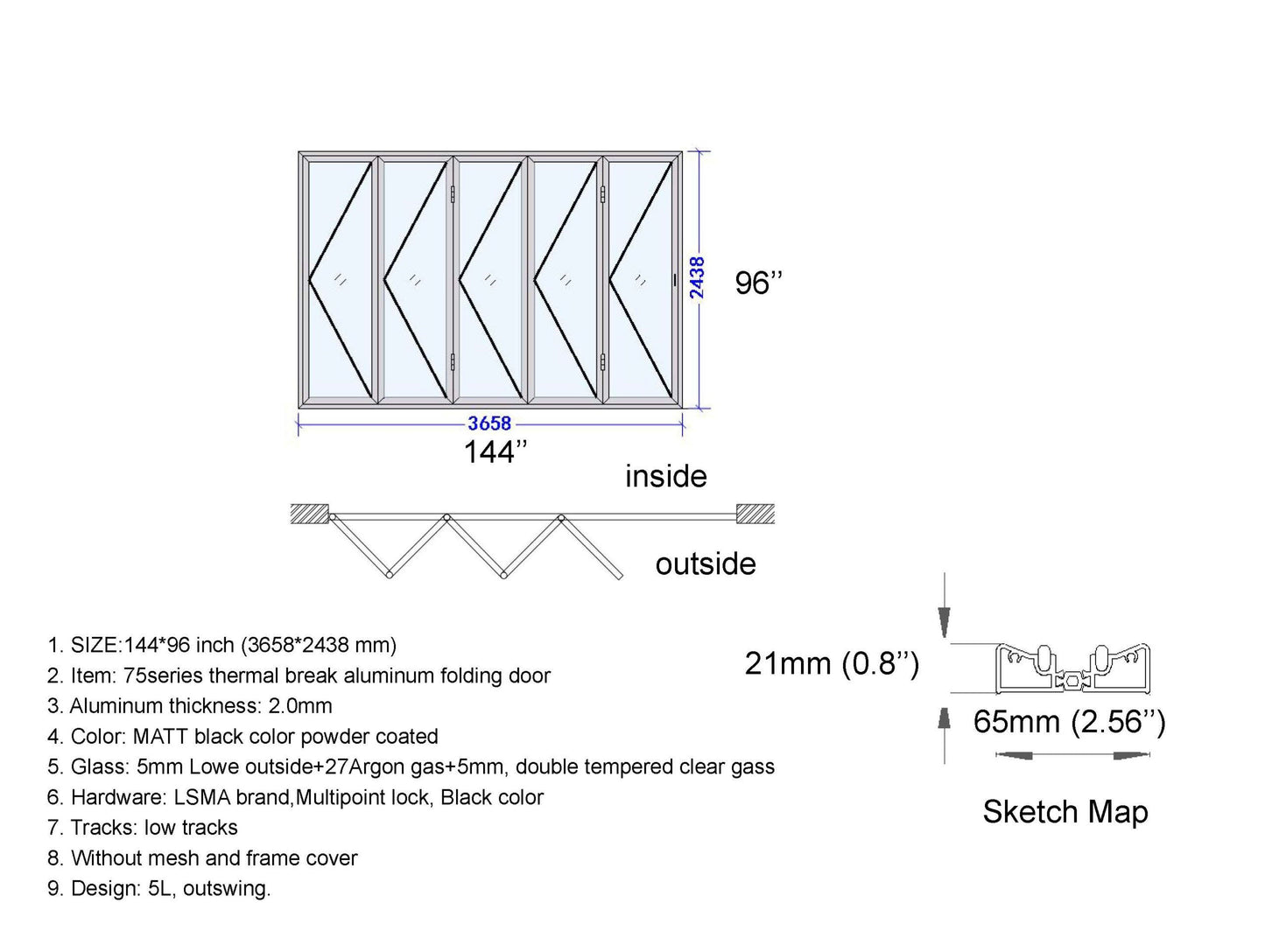 ALUMINUM BIFOLD DOOR 144"WX96"H - OUT SWING FROM EXTERIOR VIEW IMAGE