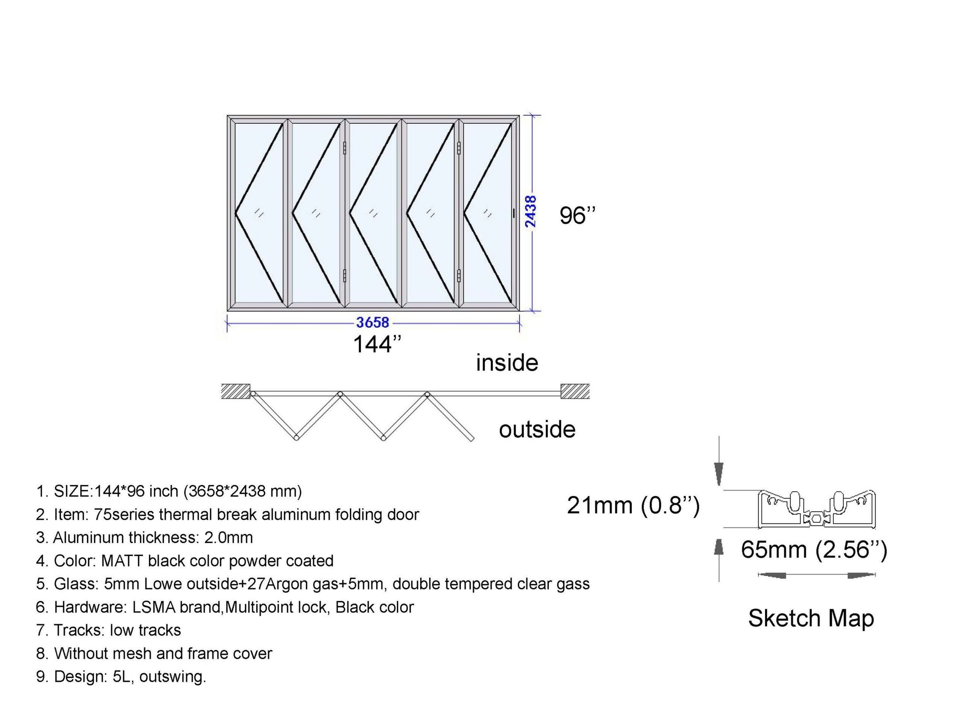 ALUMINUM BIFOLD DOOR 144"WX96"H - OUT SWING FROM EXTERIOR VIEW IMAGE