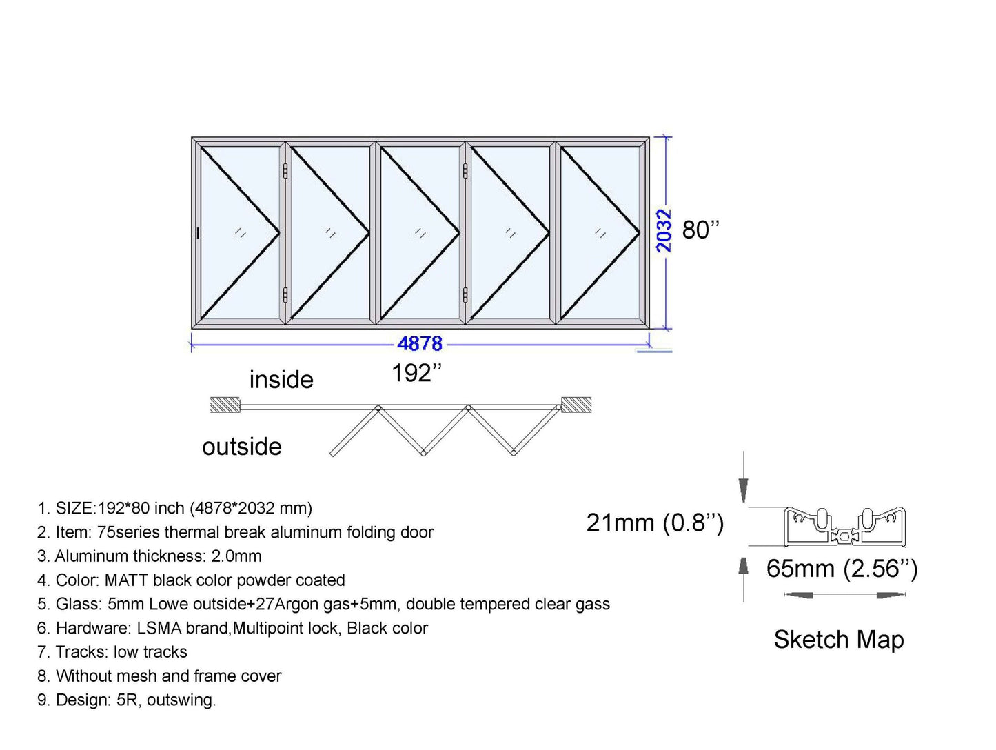 ALUMINUM BIFOLD DOOR 192"WX80"H - OUT SWING FROM EXTERIOR VIEW IMAGE