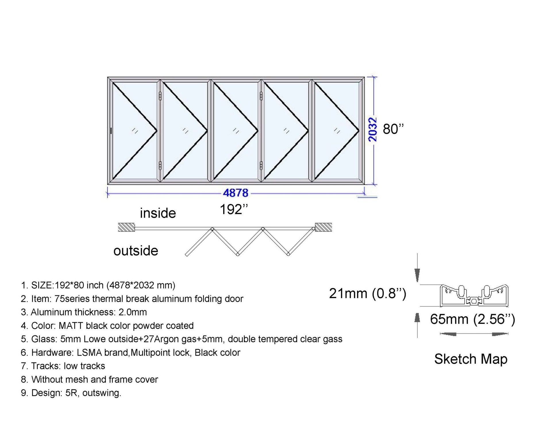 ALUMINUM BIFOLD DOOR 192"WX80"H - OUT SWING FROM EXTERIOR VIEW IMAGE