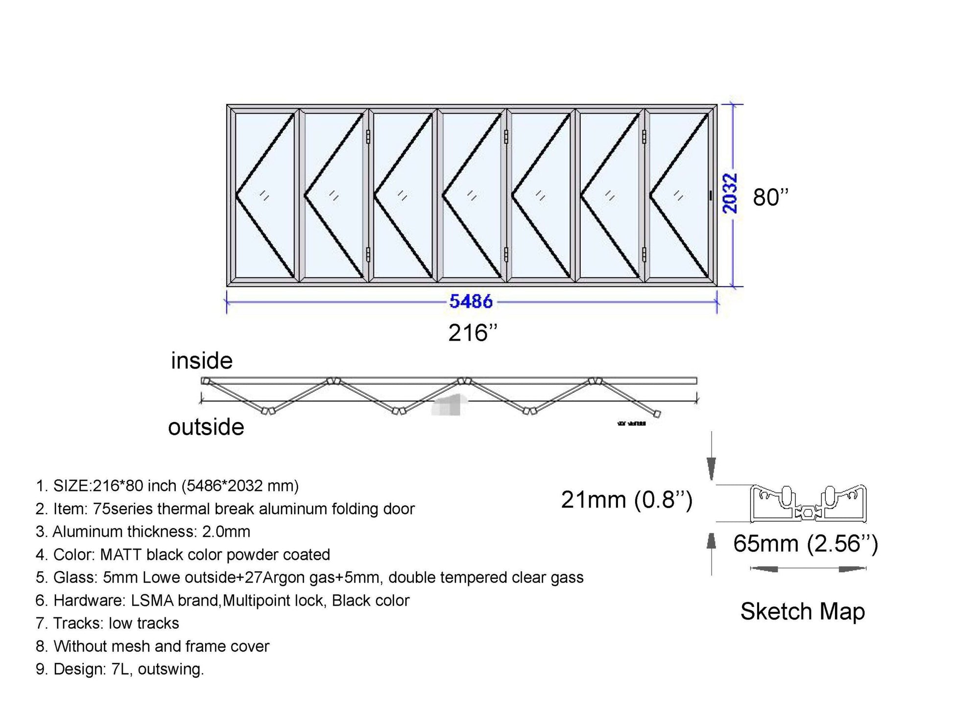 ALUMINUM BIFOLD DOOR 216"WX80"H - OUT SWING FROM EXTERIOR VIEW IMAGE
