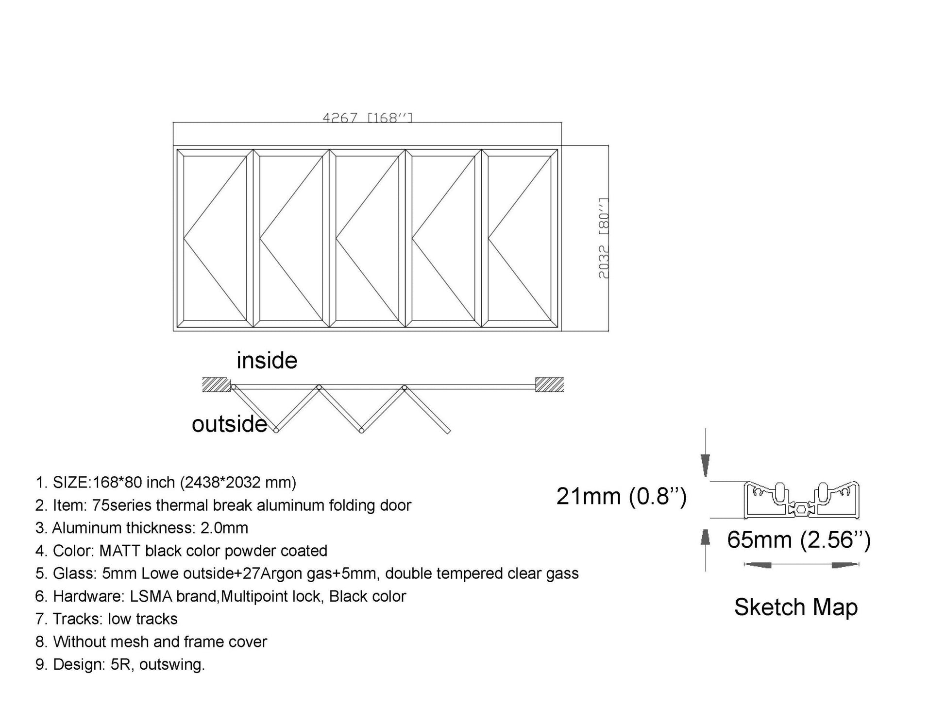 ALUMINUM BIFOLD DOOR 168"WX80"H - OUT SWING FROM EXTERIOR VIEW IMAGE