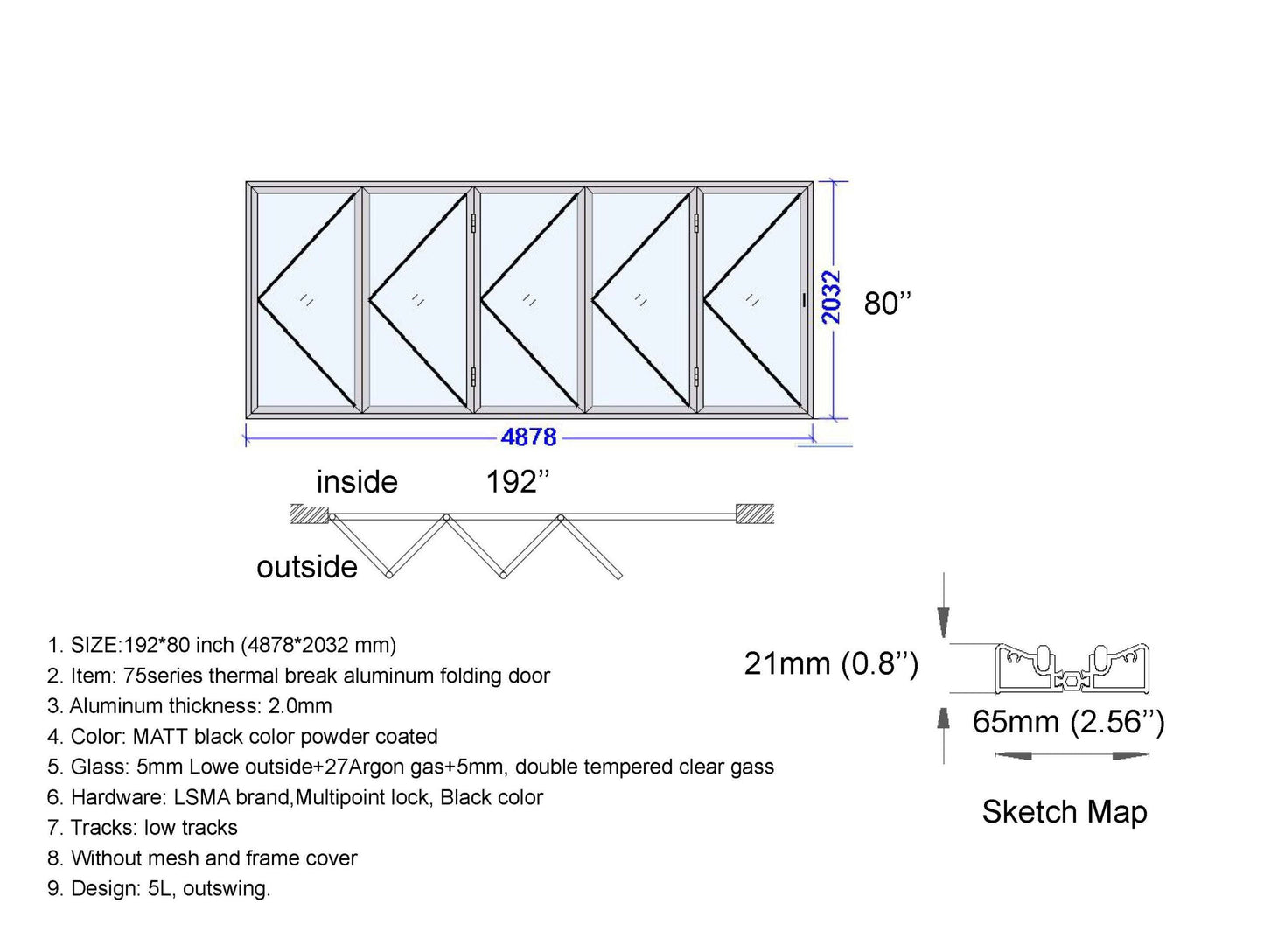 ALUMINUM BIFOLD DOOR 192"WX80"H - OUT SWING FROM EXTERIOR VIEW IMAGE