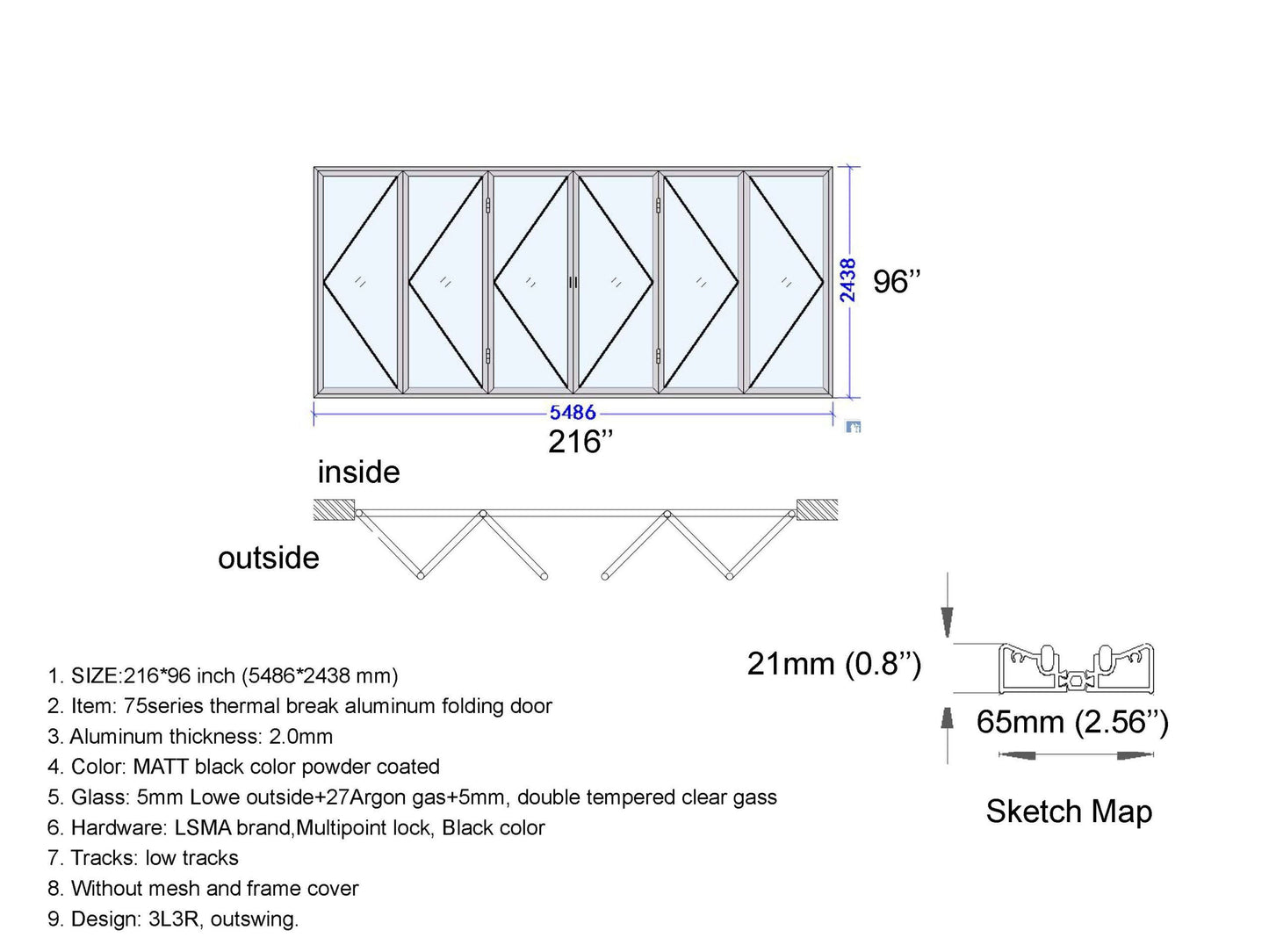 ALUMINUM BIFOLD DOOR 216"WX96"H - OUT SWING FROM EXTERIOR VIEW IMAGE