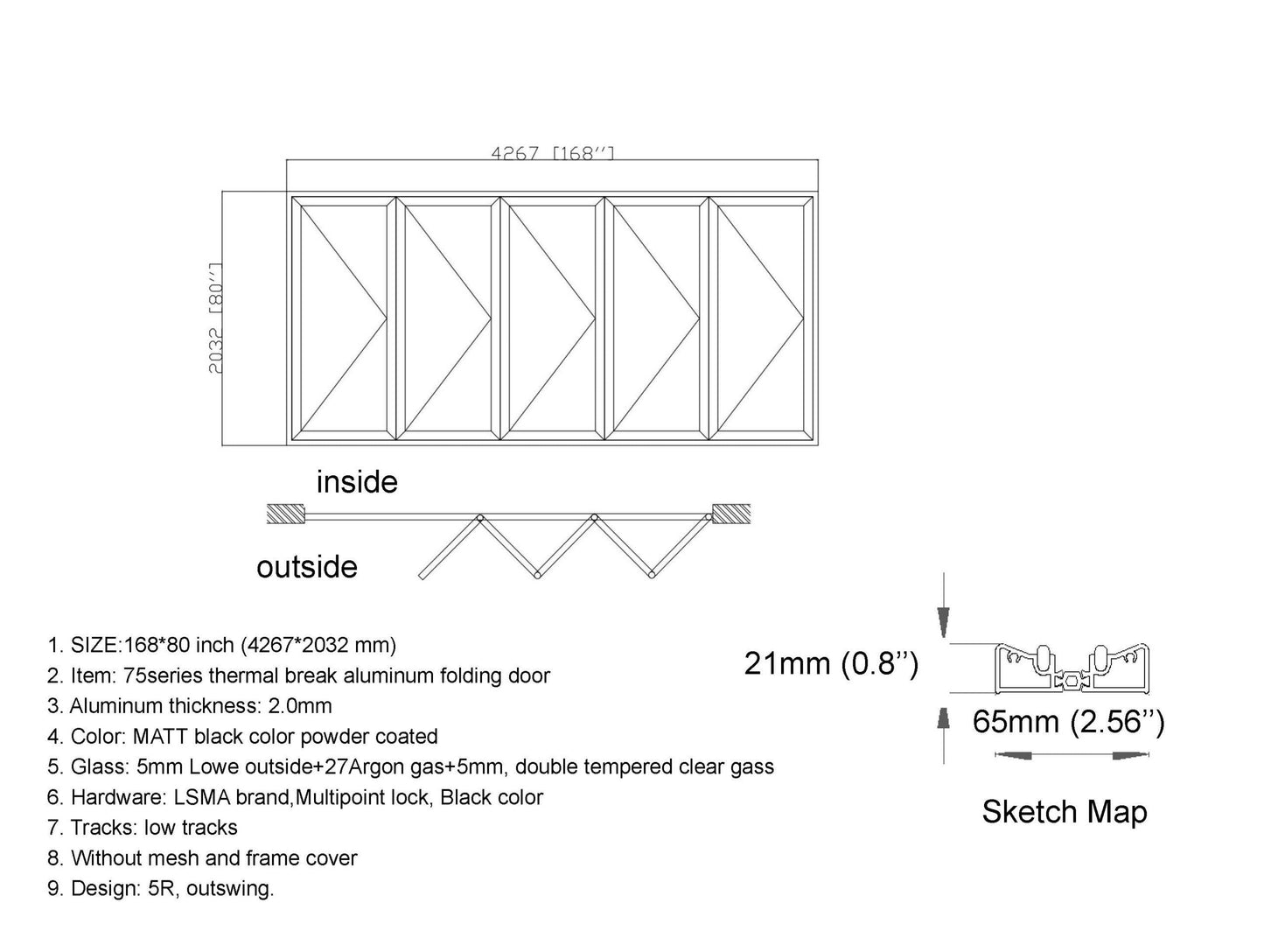 ALUMINUM BIFOLD DOOR 168"WX80"H - OUT SWING FROM EXTERIOR VIEW IMAGE
