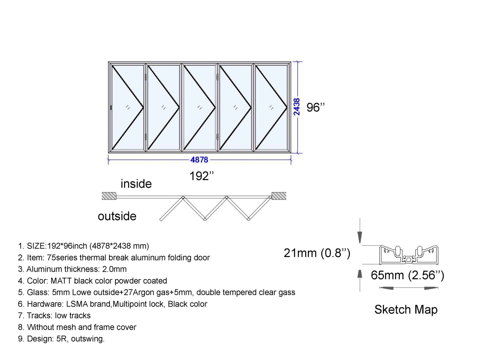 ALUMINUM BIFOLD DOOR 192"WX96"H - OUT SWING FROM EXTERIOR VIEW IMAGE