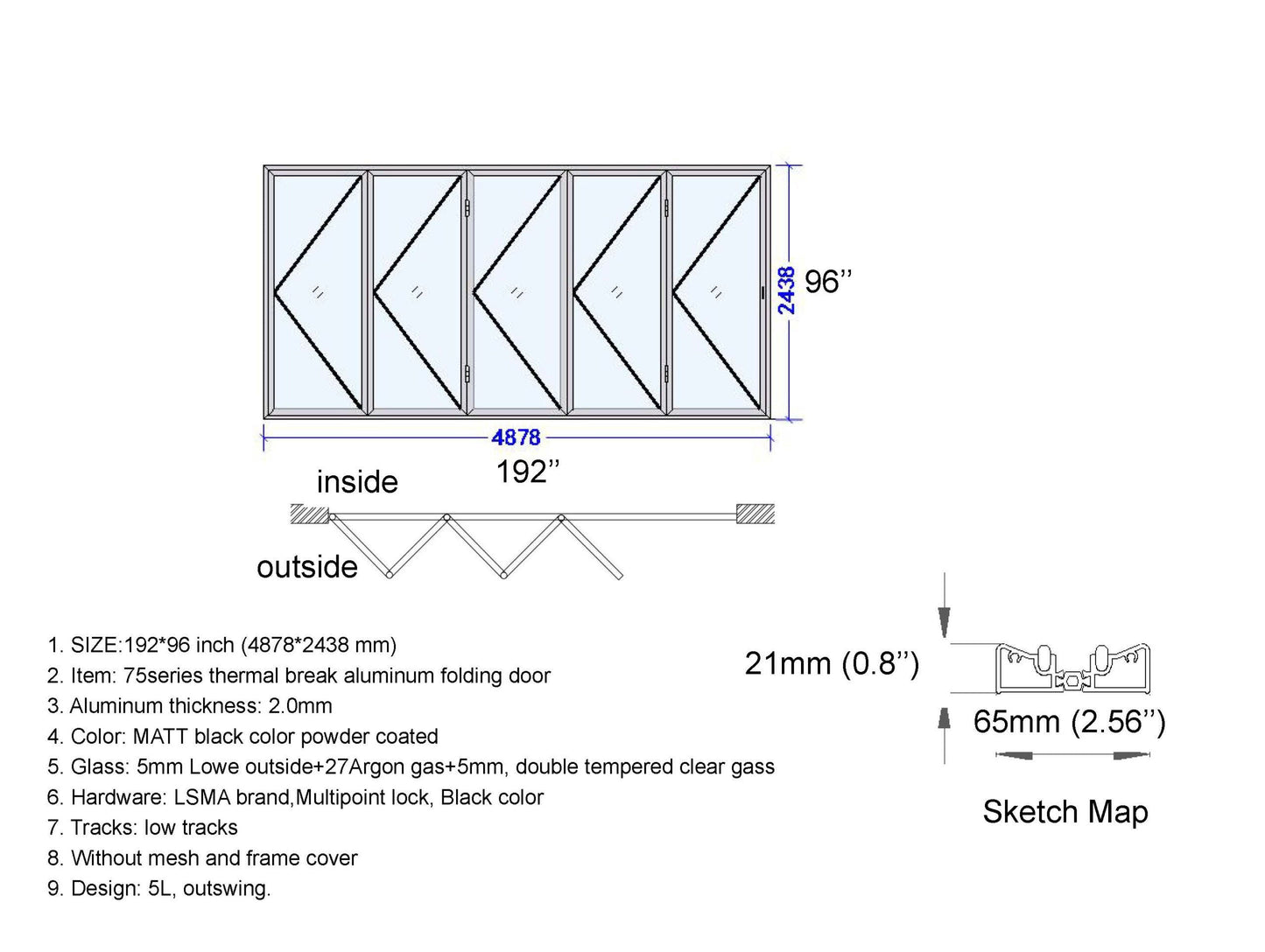 ALUMINUM BIFOLD DOOR 192"WX96"H - OUT SWING FROM EXTERIOR VIEW IMAGE