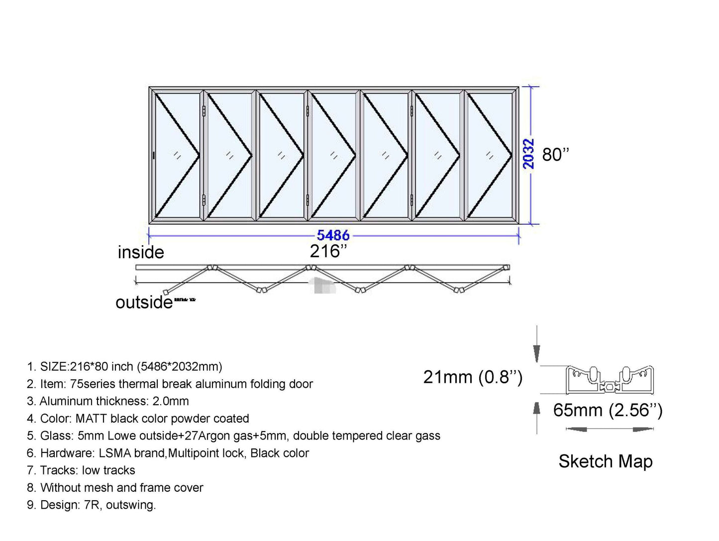 ALUMINUM BIFOLD DOOR 216"WX80"H - OUT SWING FROM EXTERIOR VIEW IMAGE
