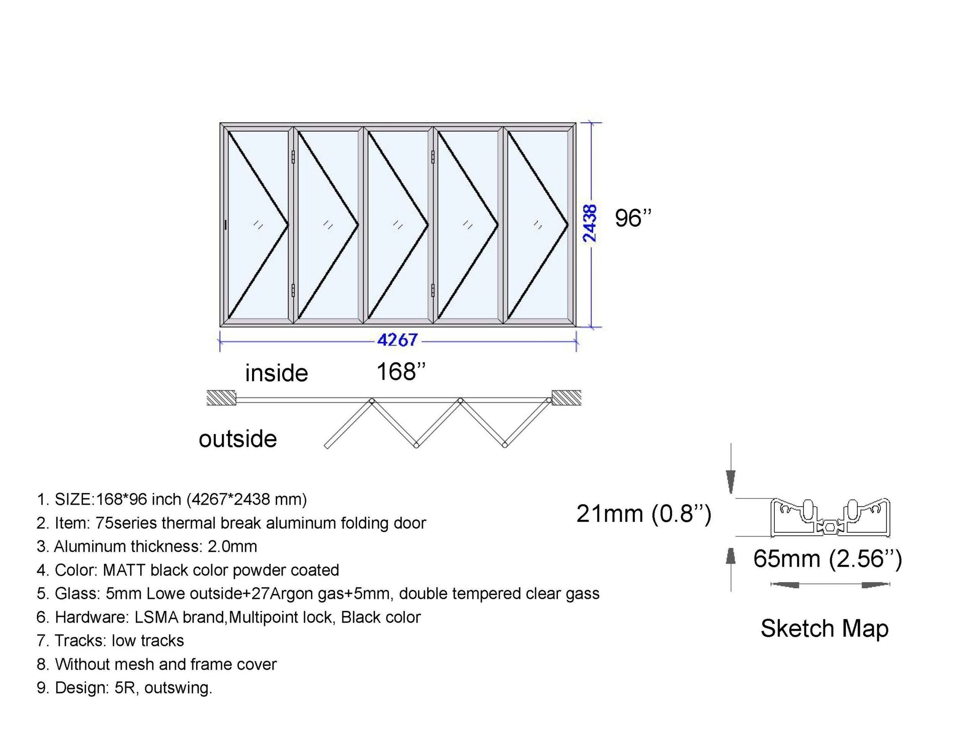ALUMINUM BIFOLD DOOR 168"WX96"H - OUT SWING FROM EXTERIOR VIEW IMAGE 6