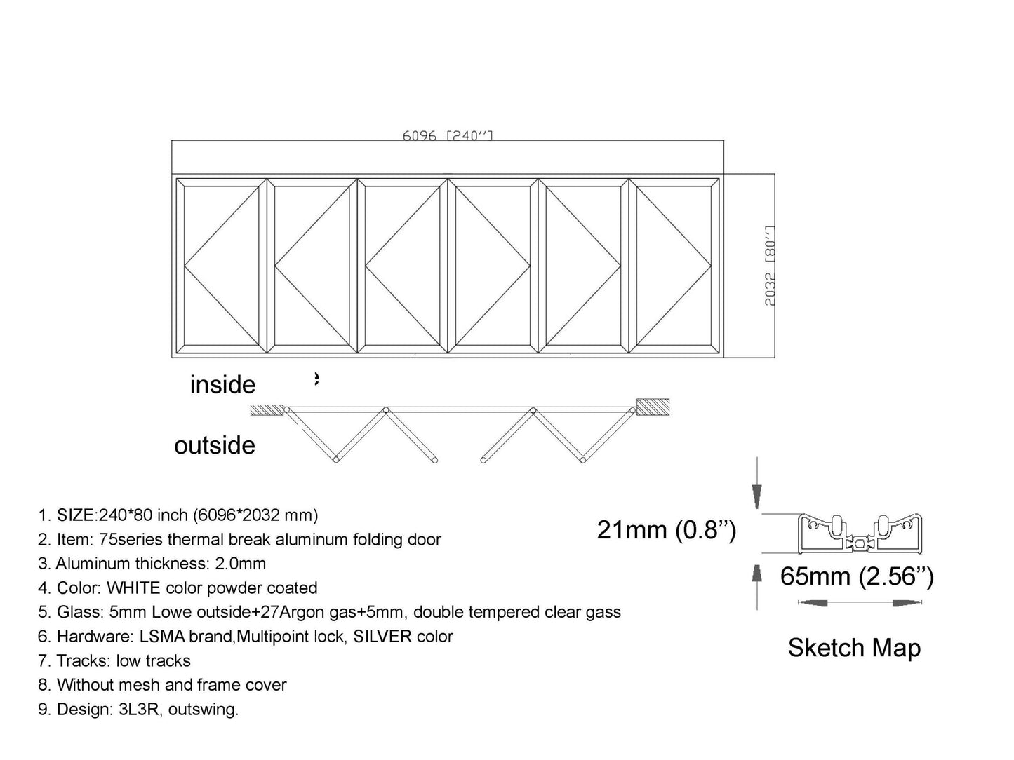 ALUMINUM BIFOLD DOOR 240"WX80"H - OUT SWING FROM EXTERIOR VIEW IMAGE