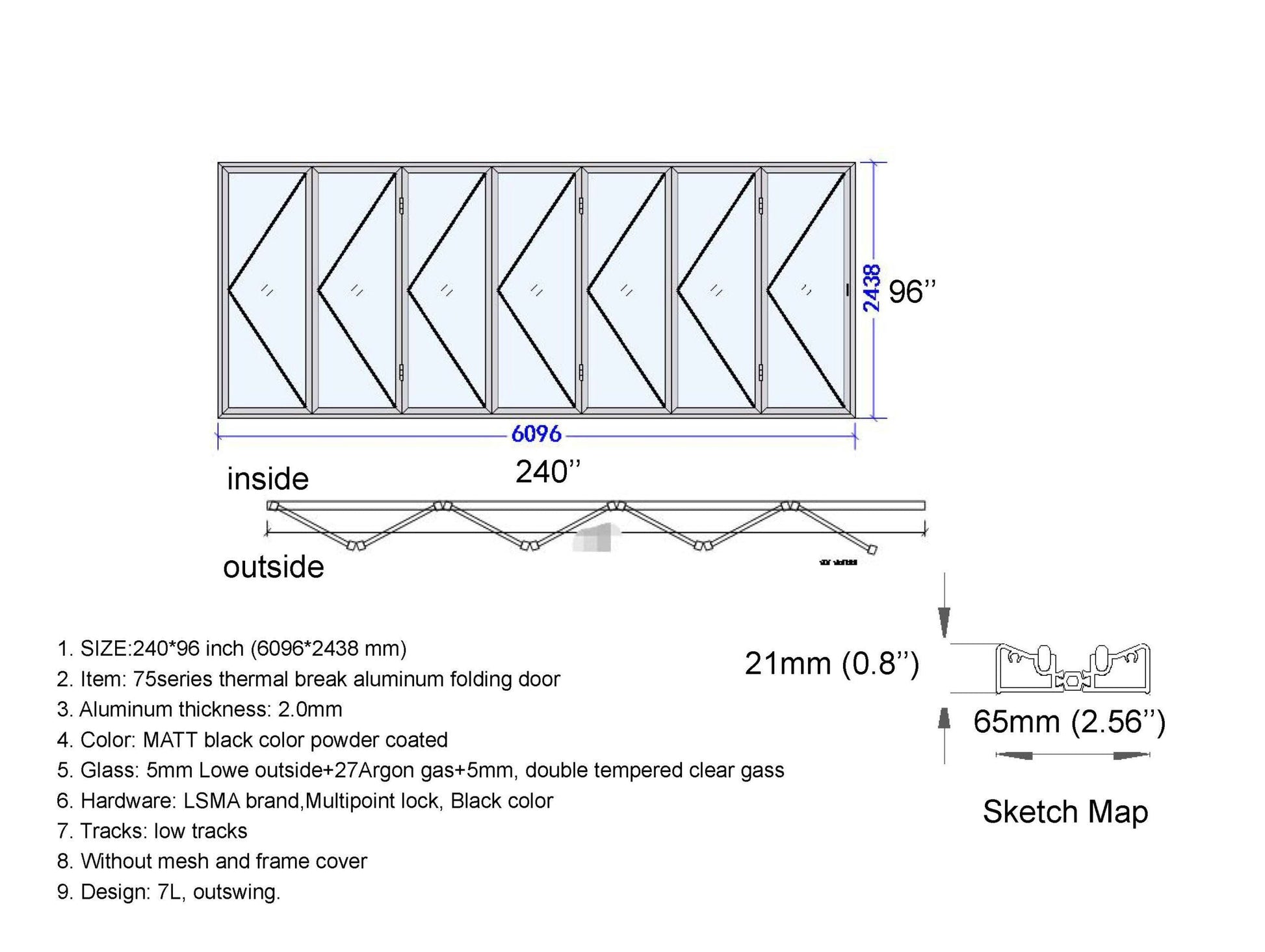 ALUMINUM BIFOLD DOOR 240"WX96"H - OUT SWING FROM EXTERIOR VIEW IMAGE 12