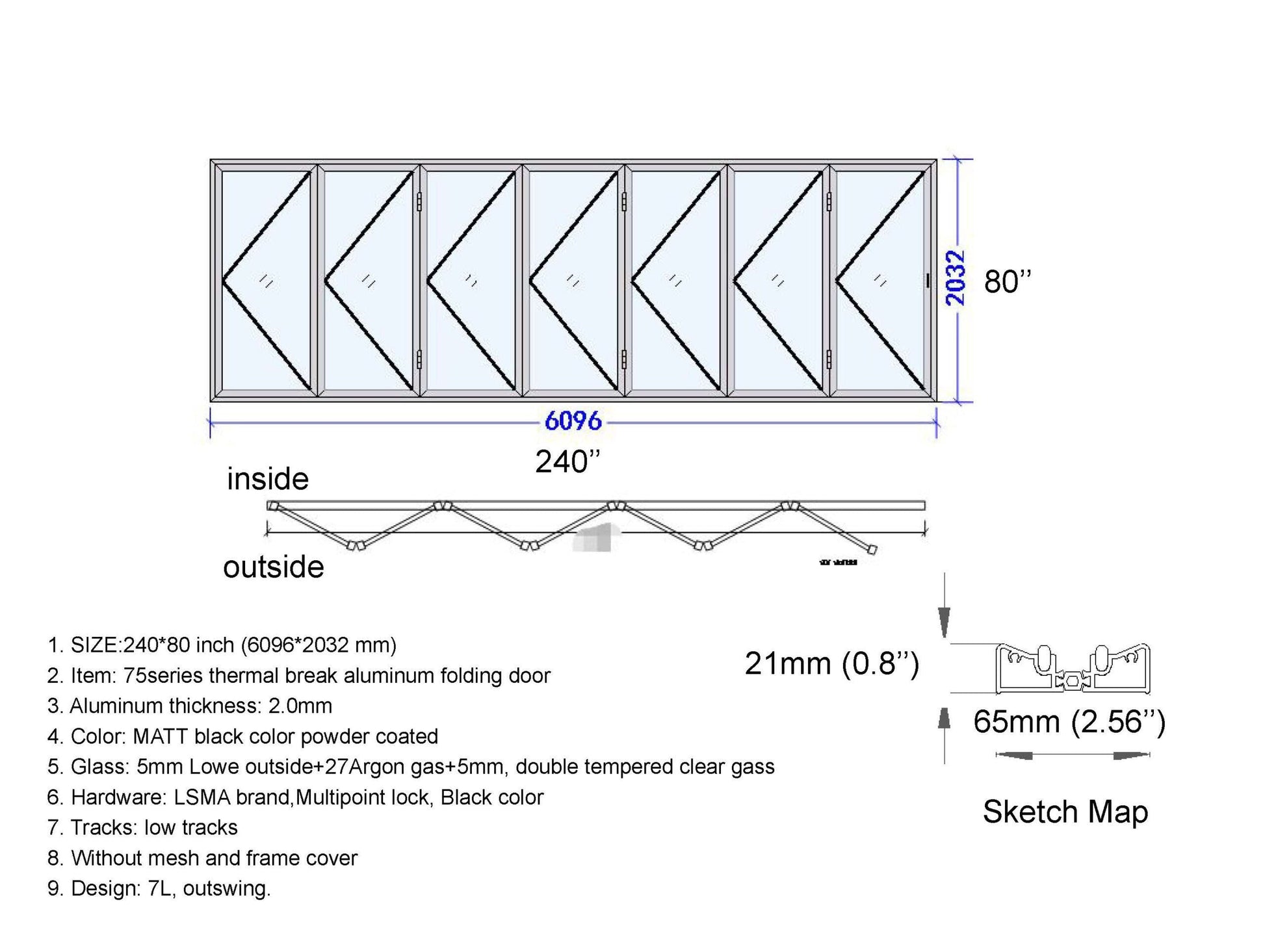ALUMINUM BIFOLD DOOR 240"WX80"H - OUT SWING FROM EXTERIOR VIEW IMAGE