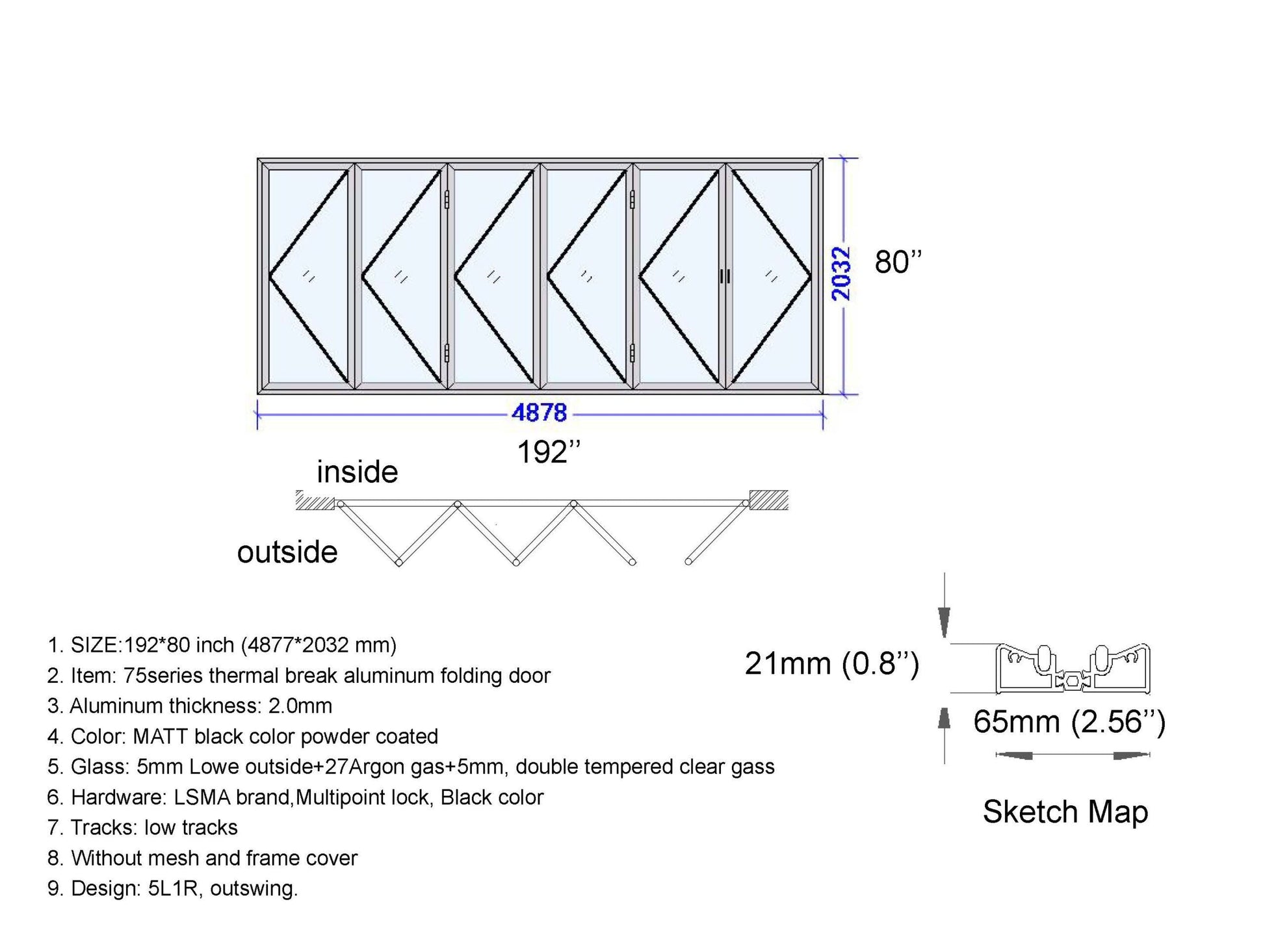 ALUMINUM BIFOLD DOOR 192"WX80"H - OUT SWING FROM EXTERIOR VIEW IMAGE 14
