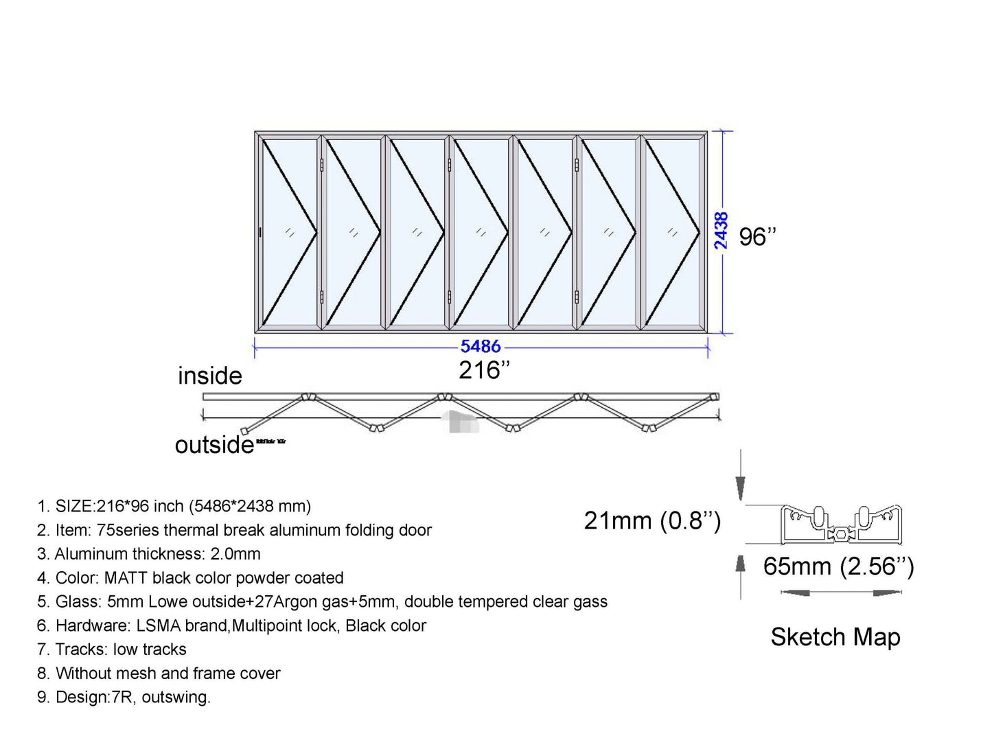 ALUMINUM BIFOLD DOOR 216"WX96"H - OUT SWING FROM EXTERIOR VIEW IMAGE