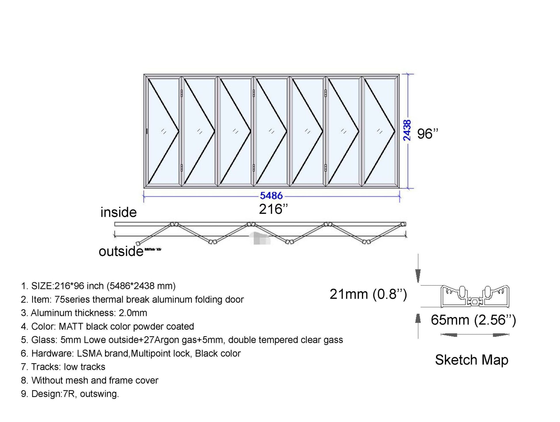 ALUMINUM BIFOLD DOOR 216"WX96"H - OUT SWING FROM EXTERIOR VIEW IMAGE