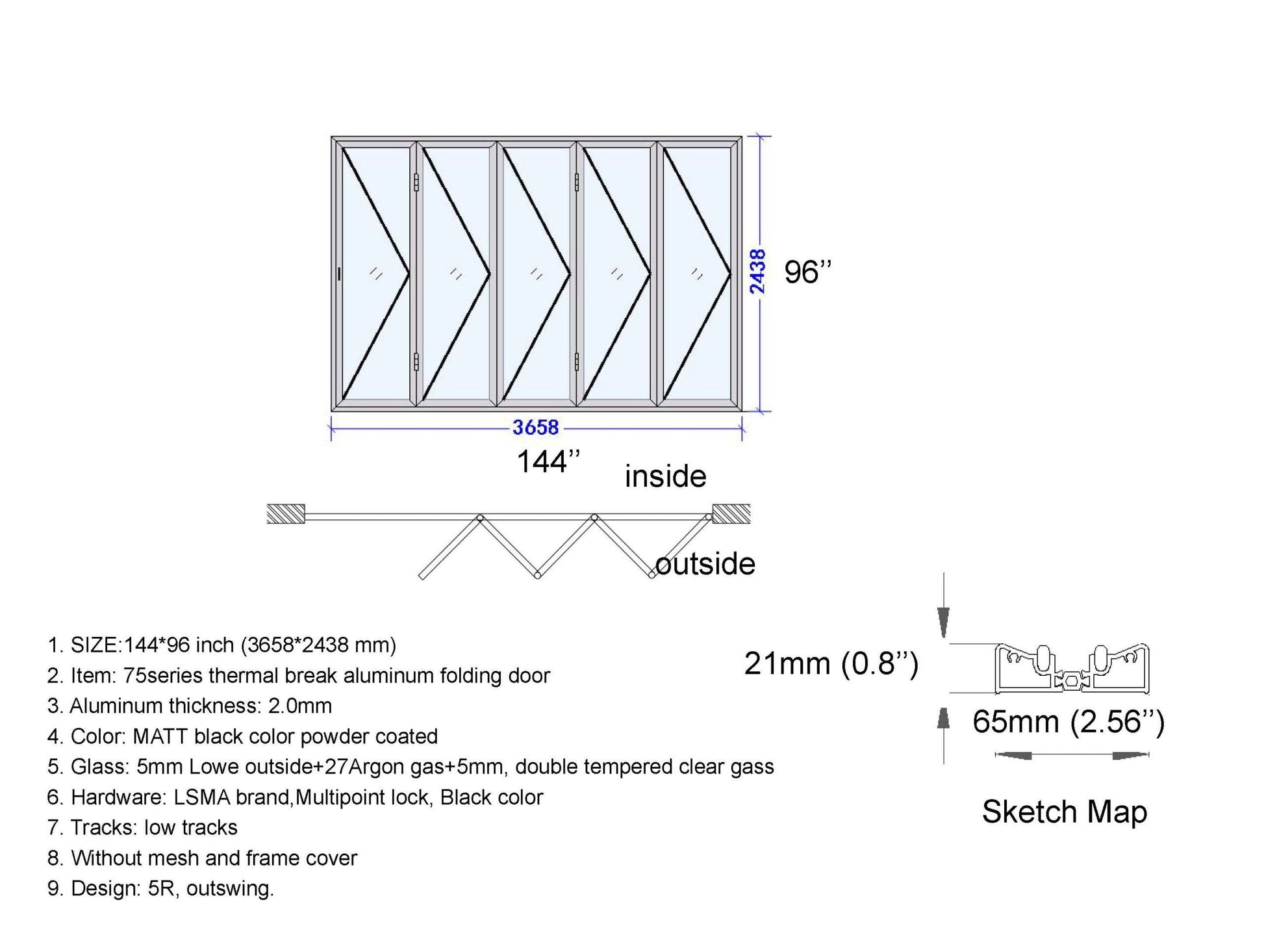 ALUMINUM BIFOLD DOOR 144"WX96"H - OUT SWING FROM EXTERIOR VIEW IMAGE