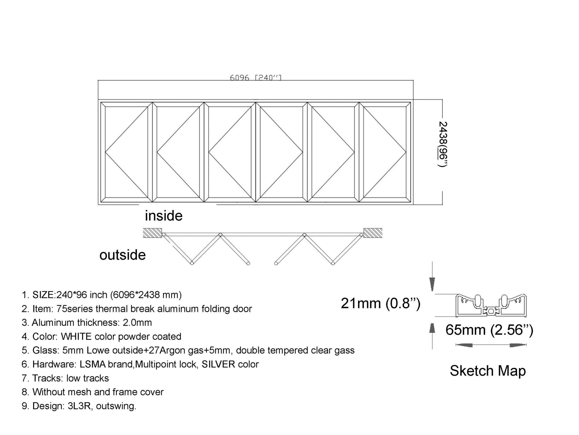 ALUMINUM BIFOLD DOOR 240"WX96"H - OUT SWING FROM EXTERIOR VIEW IMAGE 16