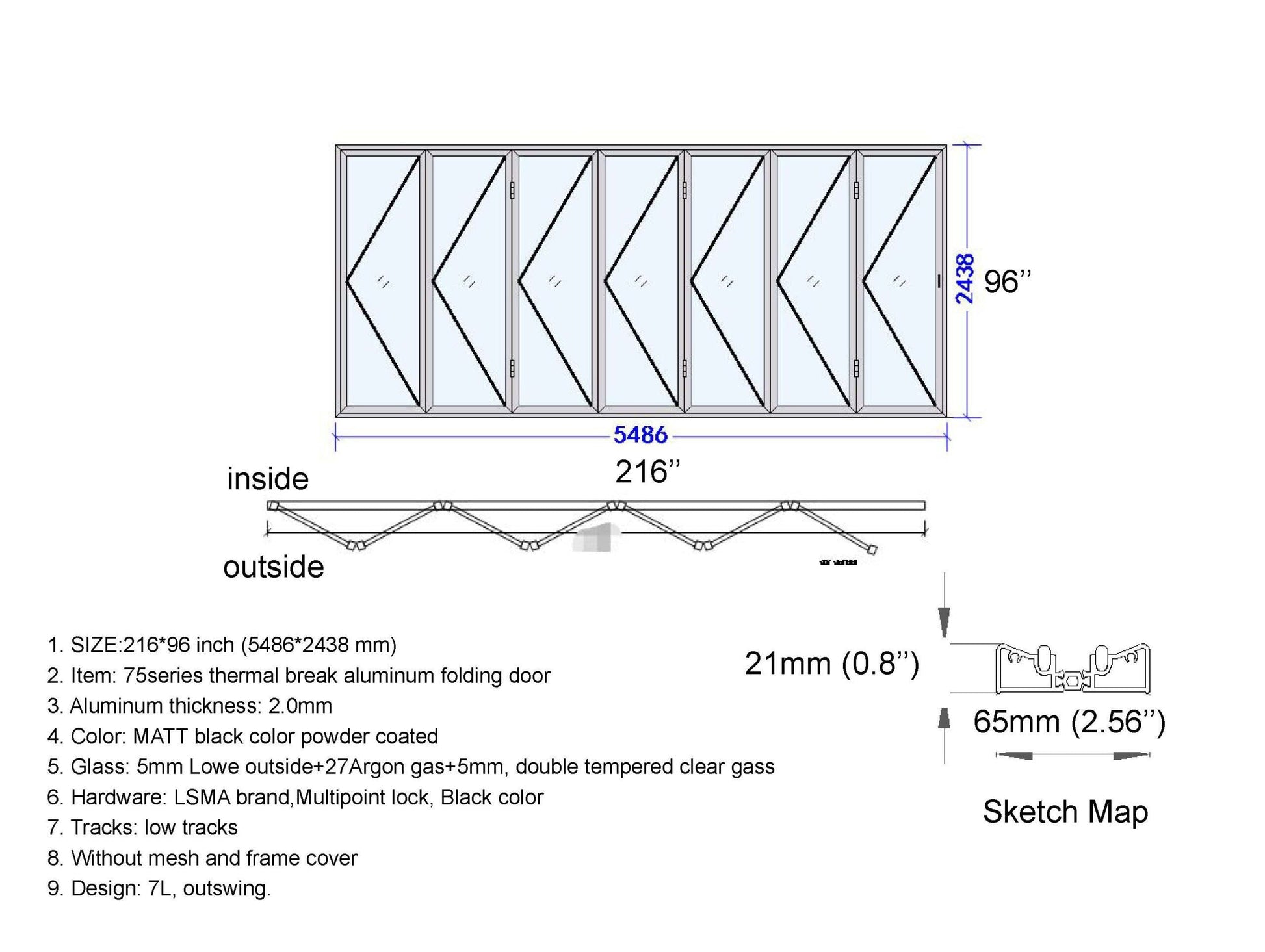 ALUMINUM BIFOLD DOOR 216"WX96"H - OUT SWING FROM EXTERIOR VIEW IMAGE